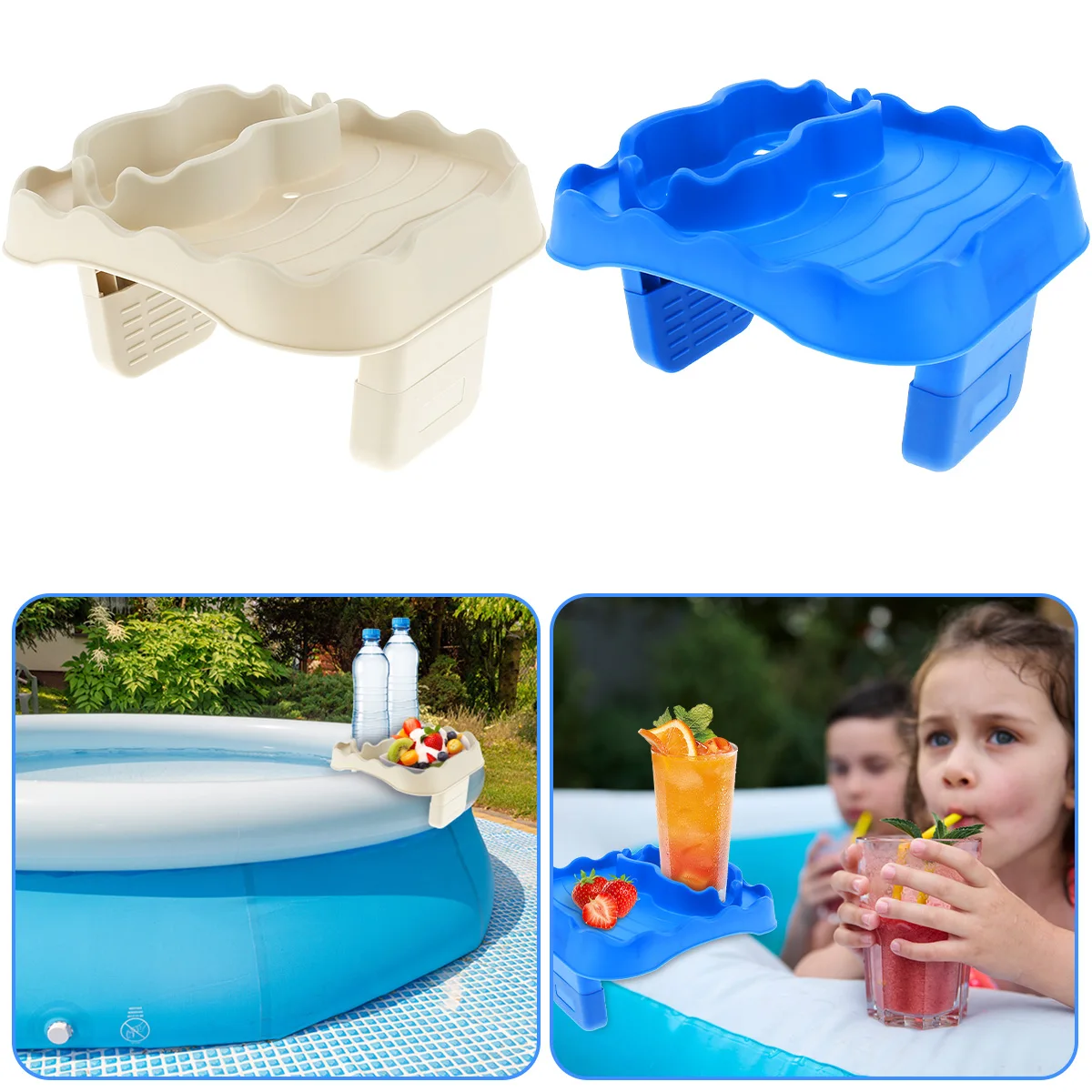 2Pcs Hot Tub Table Tray Adjustable Hot Tub Side Table with 2 Cup Holders Nonslip Inflatable Pool Drink Cup Holder Above Ground
