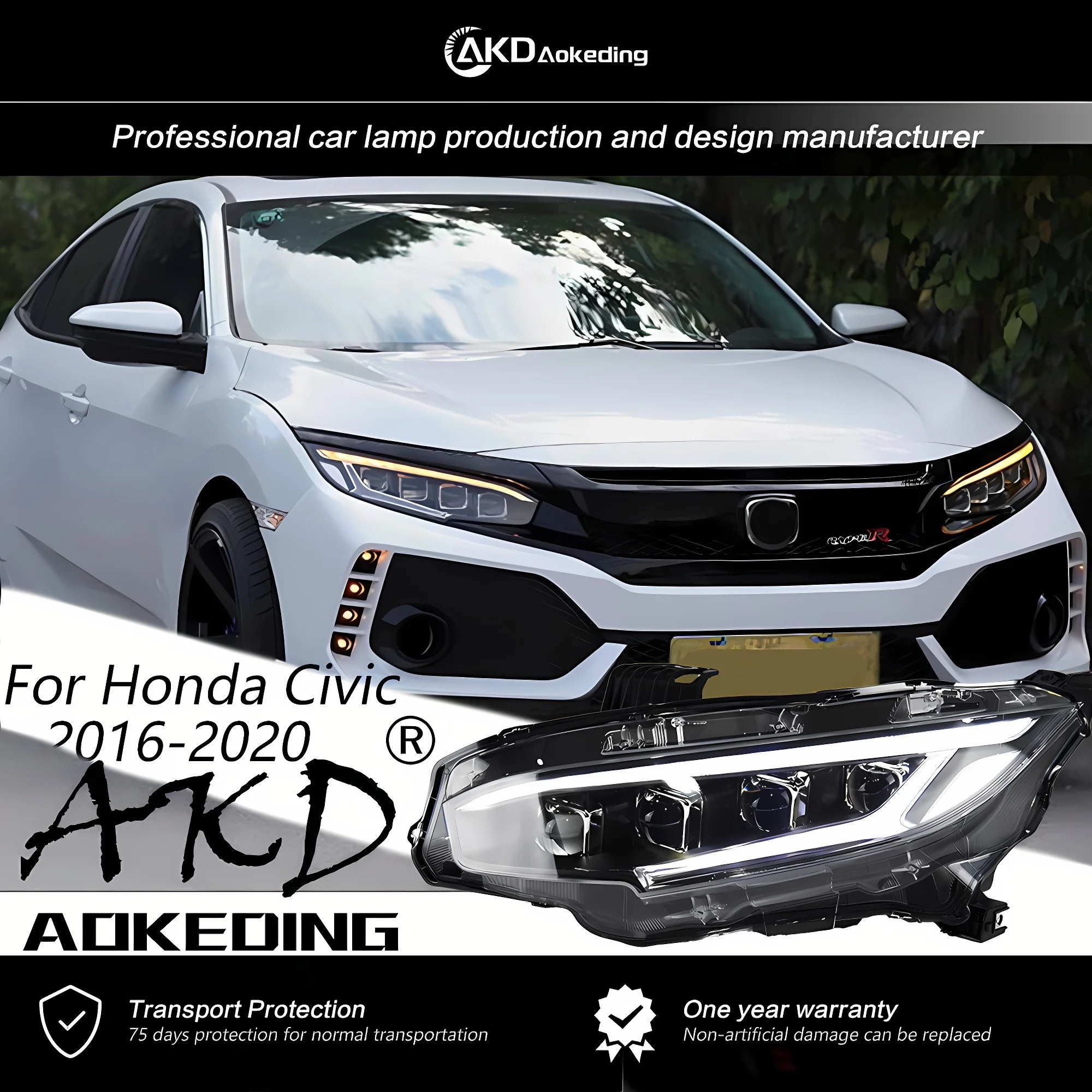 AKD Front Lamp for Honda Civic X Headlights 2017-2020 New Civic LED Headlight Sedan Hatchback LED Projector Auto Accessories 2PC