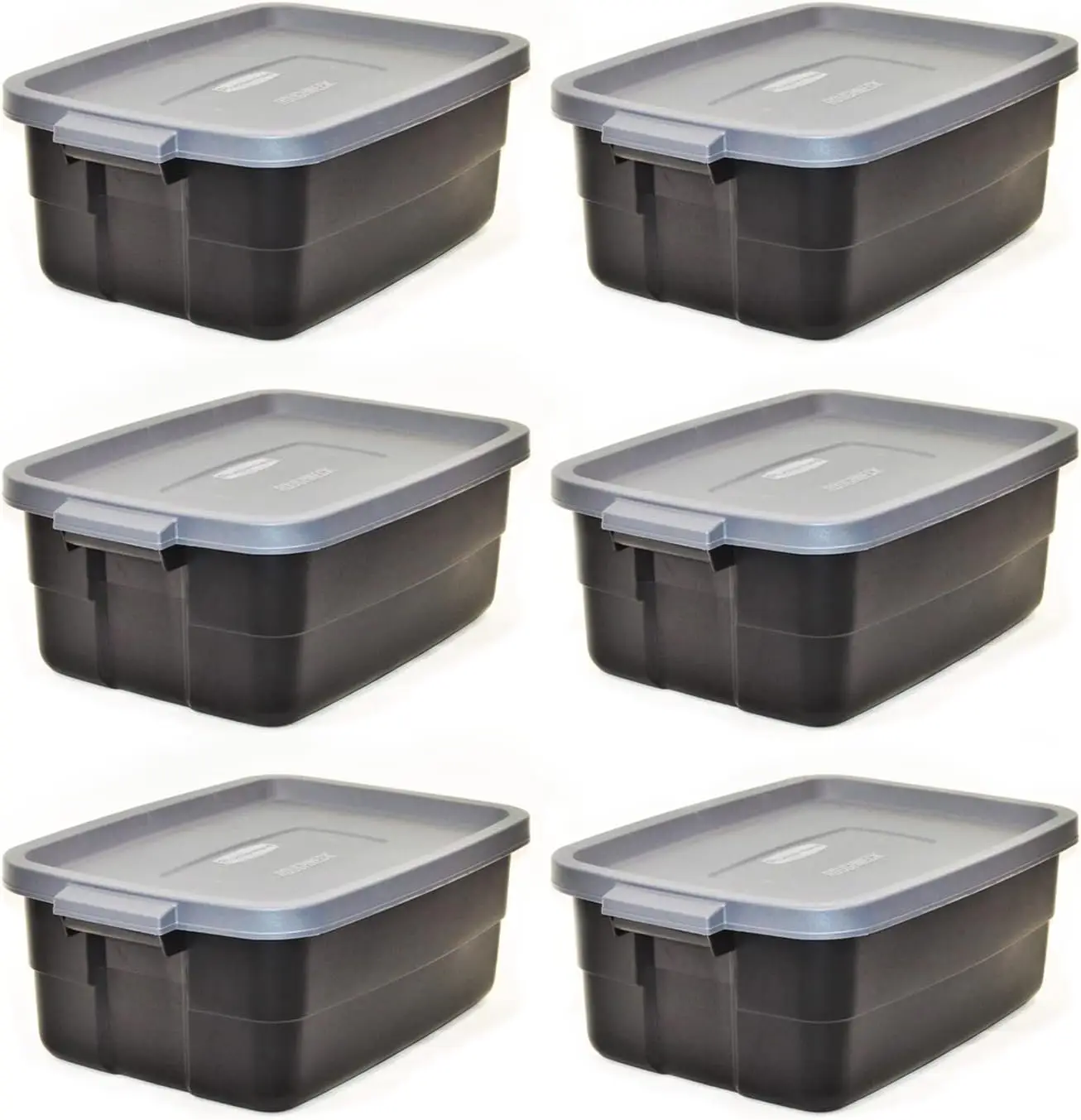 Rubbermaid Roughneck Tote 10 Gal, 6 Pack, Made in USA, Black & Gray, Rugged Plastic Stackable Storage Bins with Lids and Handles