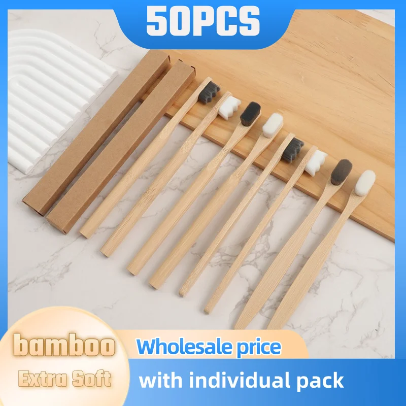 50pack Micro Nano Bamboo Bristle Toothbrushes with 20000 Extra Soft Bristle  for Adults, Eco-Friendly, Natural Wooden Organic