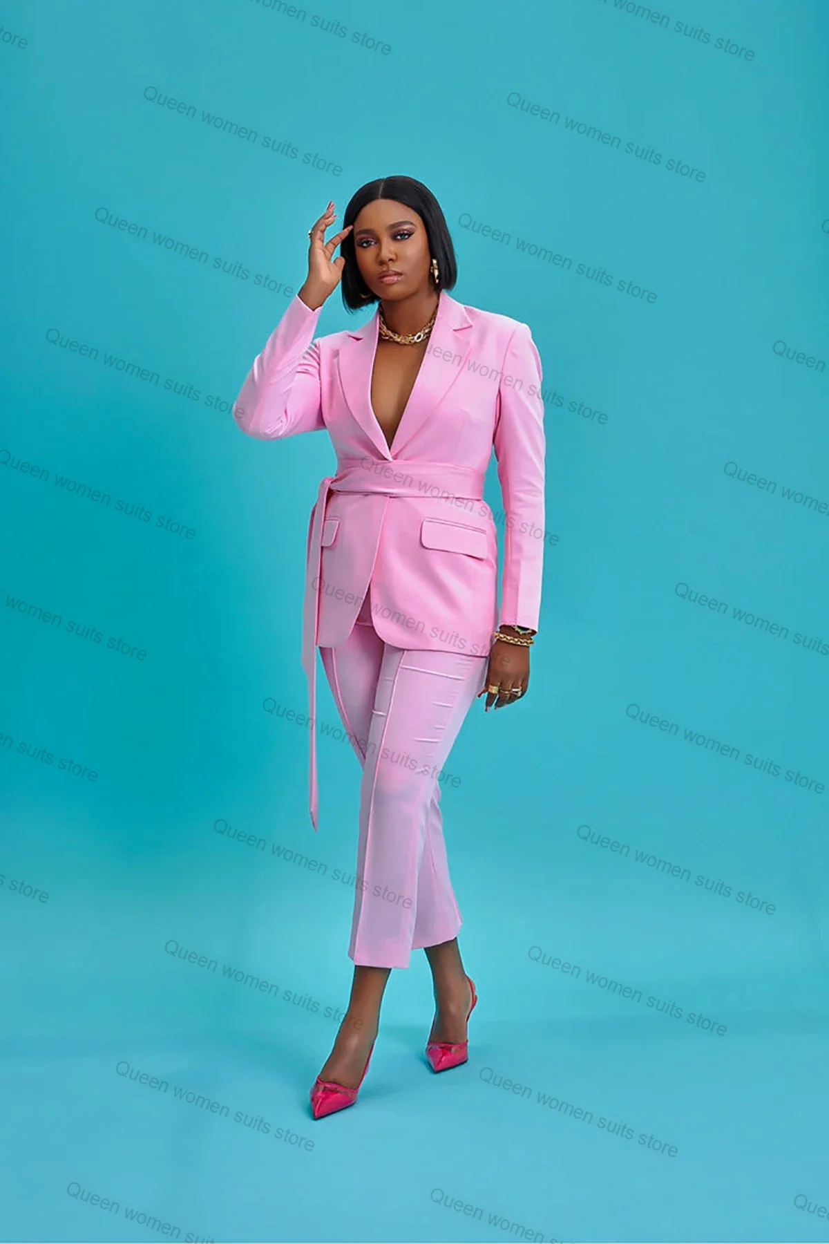 Completo da donna rosa primaverile completo da 2 pezzi Blazer con cintura + pantaloni smoking da sposa giacca da donna formale da ufficio cappotto su misura