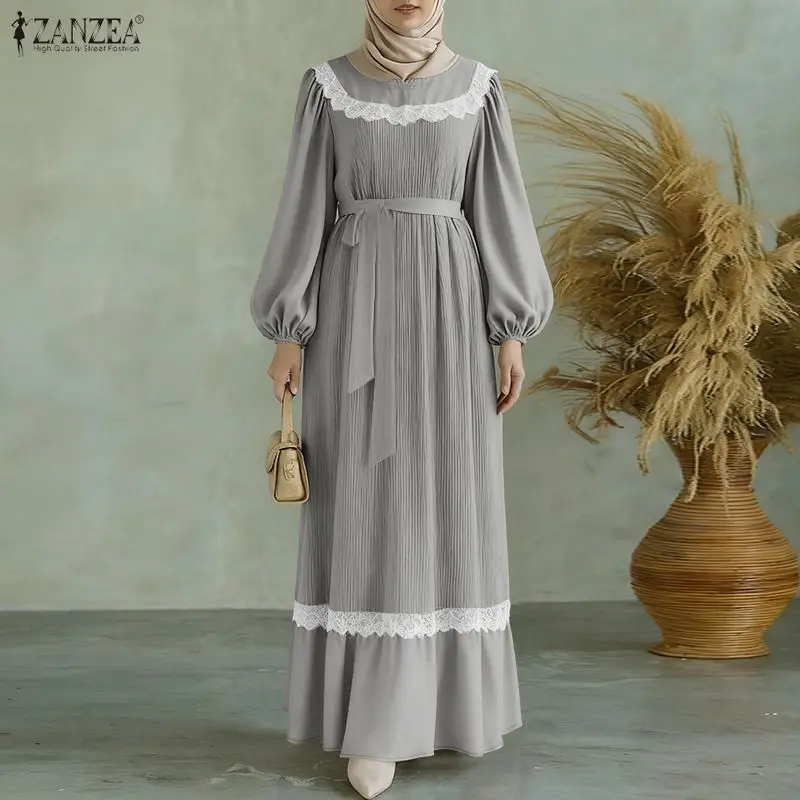 2026 ZANZEA Elegant Muslim Abaya Spring Lace Patchwork Dresses Women Elegant Long Sleeve Pleated Sundress Kaftan Ramadan Robe 5