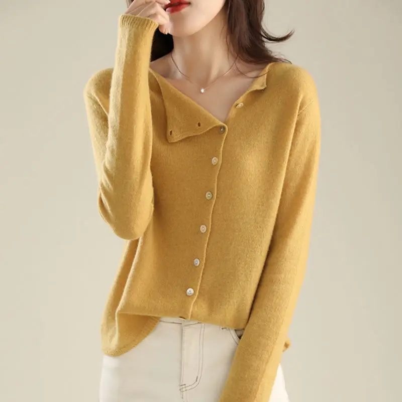 Women Clothing 2023 Autumn Winter Simple Casual Long Sleeve Knitwear Soft Comfortable Solid Slim Button Knitted Sweater Cardigan