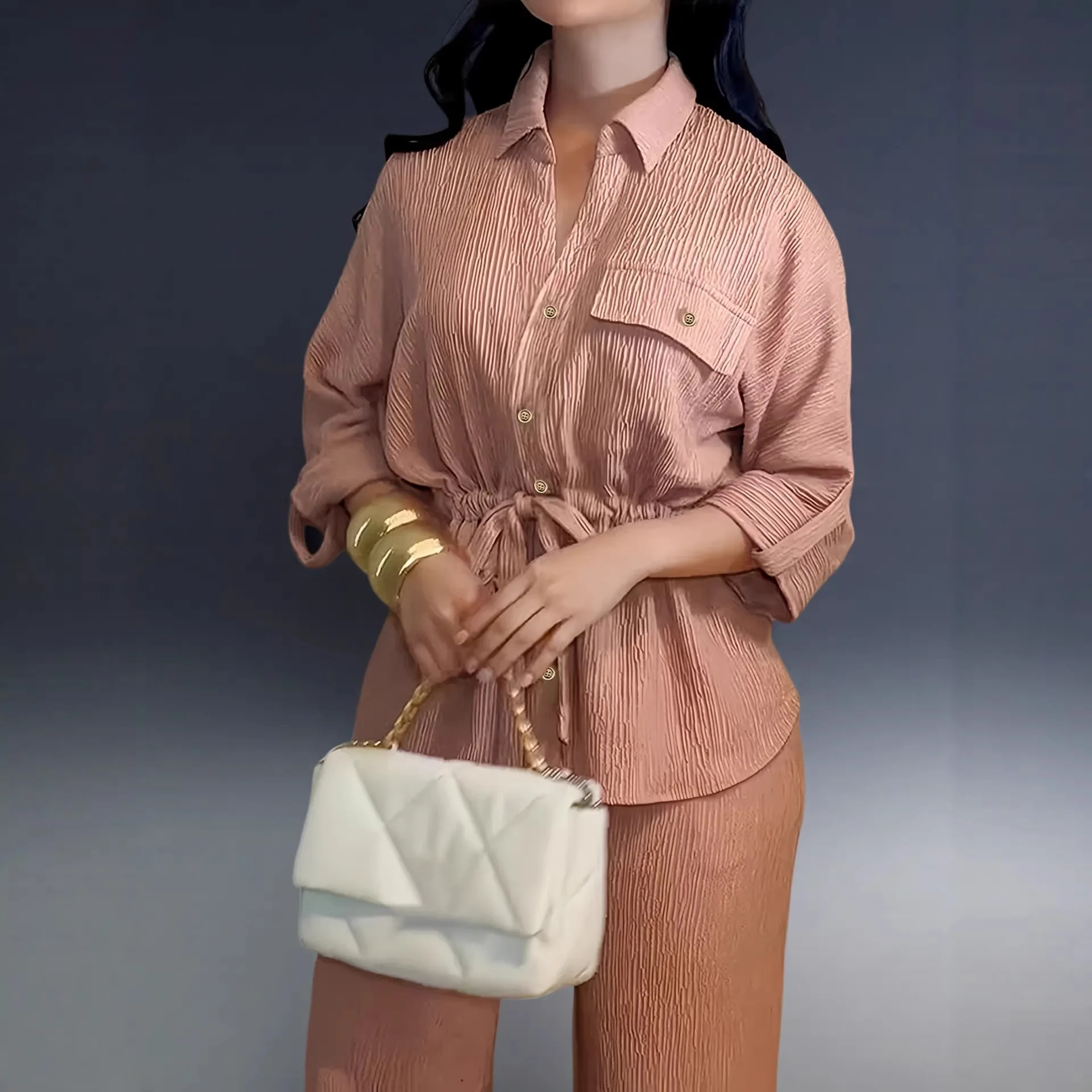 Women's Elegant 2 Piece Set Textured Button Down Shirt & Wide Leg Pants with Drawstring Waist Ensemble Femme 2 Pièces Été