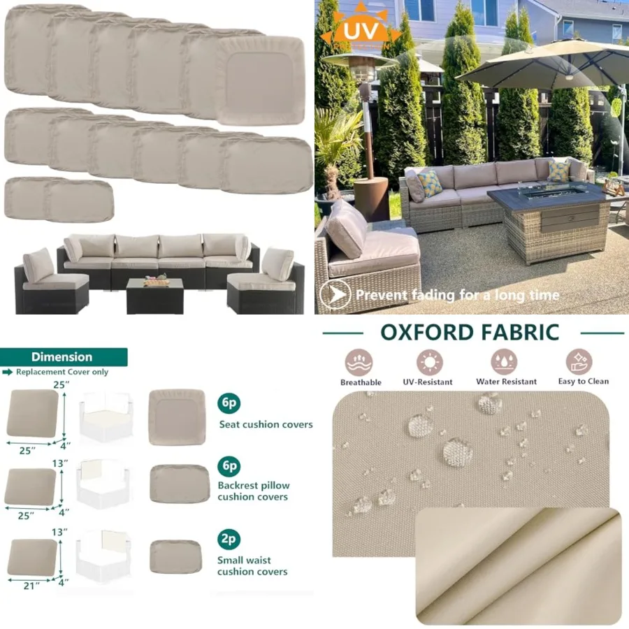 

Outdoor Cushion Covers Replacement 14 Pcs Patio Cushion Covers fit for 7Pieces 6-Seater Wicker Rat Sectional Couch Sofa Outdoor