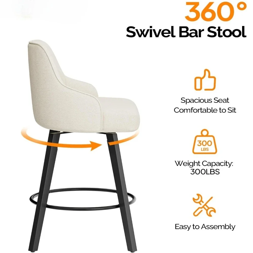 مجموعة مقاعد للبار دوارة مكونة من 2، مقعد منجد من قماش الكتان مع ظهر، كراسي عالية للمطبخ بارتفاع العداد