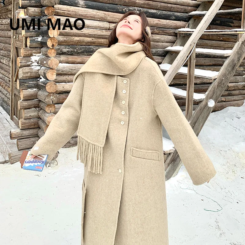 

UMI MAO шерстяное пальто женское осенне-зимнее новое модное простое двустороннее кашемировое пальто с шарфом женское пальто