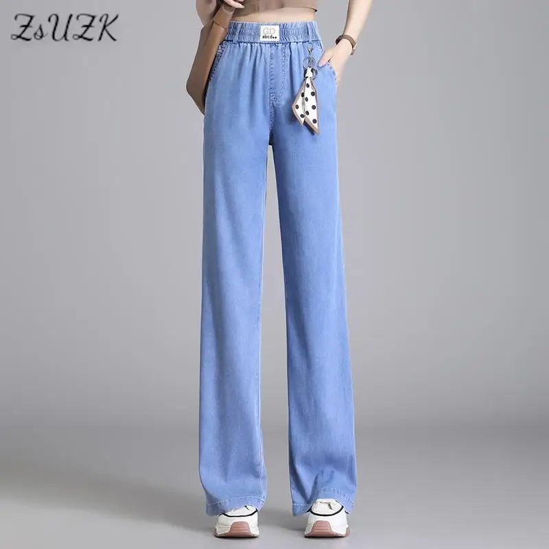 

ZUZK Summer Thin Women Fashion Suitable Wide Leg Jeans Loose Droop Elastic Waist Denim Long Pants Korean lyocell Casual Pants