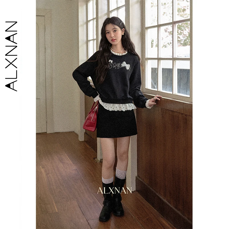 ALXNAN Women's Black Sweatshirt Round Neck Long Sleeve Hoodies Autumn Lace Stitching Bow Beading Design Loose-fit Top L569118