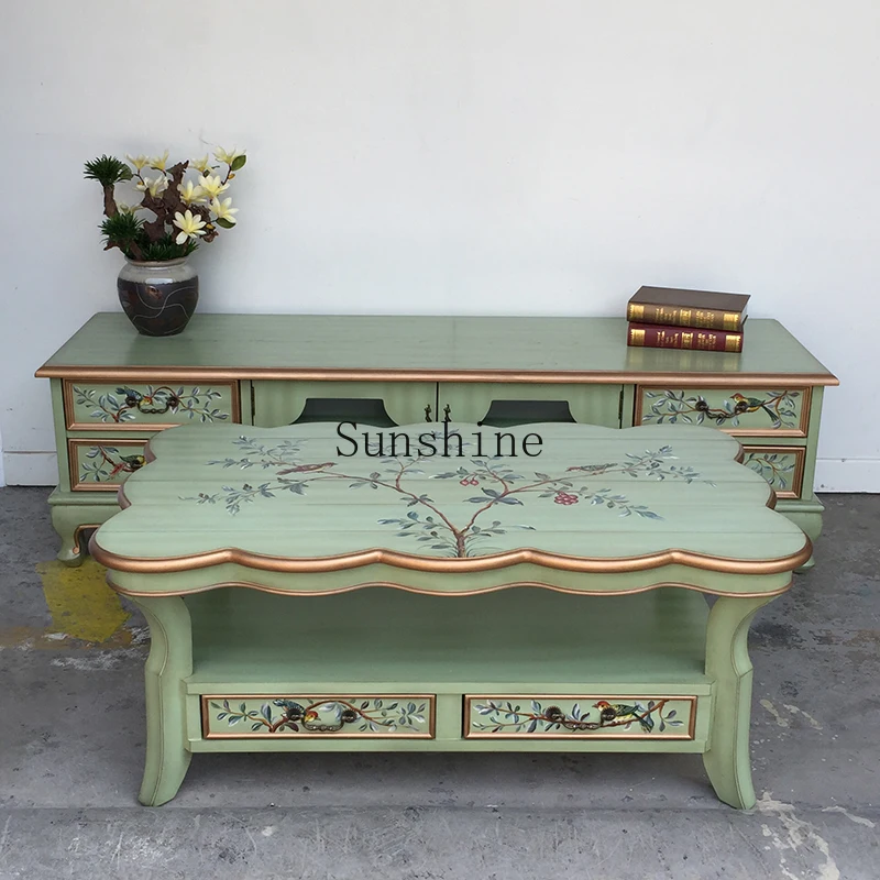 

Mediterranean coffee table living room retro storage coffee table painted double rectangle