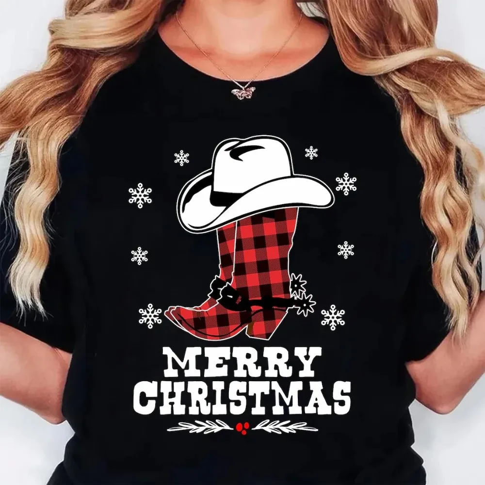 Boots Christmas Shirts Western Cowgirl Holiday Tee Casual Short Sleeve Top Women's Clothing Cartoon Street-wear Y2k Clothes