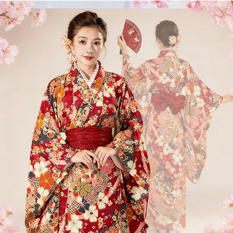 New Fashion Improved Kimono Dress for Women Japanese Traditional Red Sakura Printed Yukata With Obi Geisha Performance Clothing