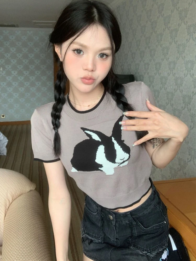 T-shirts Women 5 Colors Sweet Animal Design Simple All-match Cropped Sexy Knitting Summer Chic Leisure Korean Style Ladies Cozy