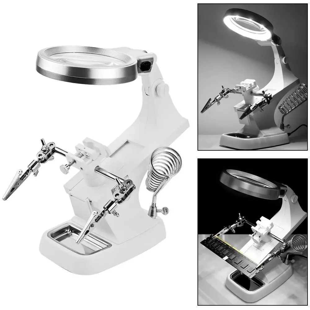 Protable LED Illuminated Desktop Magnifier Helping Hand Auxiliary Clamp Alligator Clip Stand 10 LED Lights Magnifying Glass