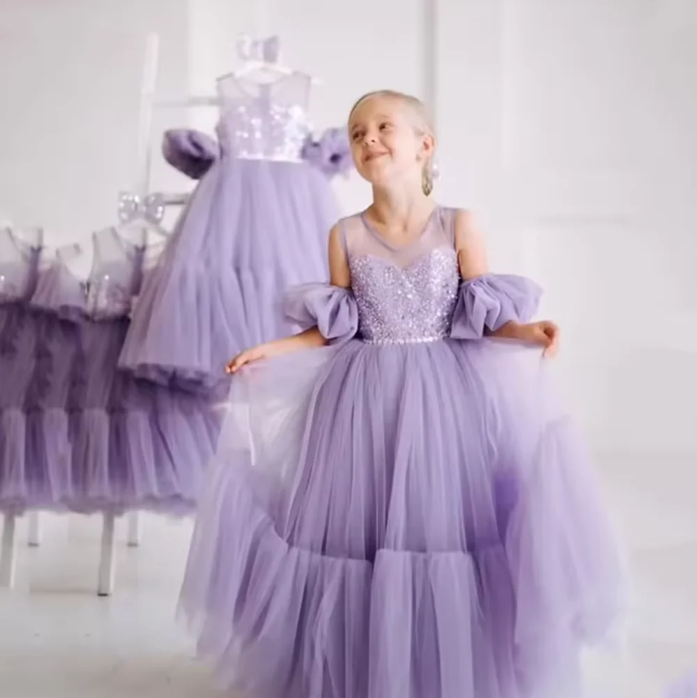 Vestidos morados de tul con flores para niña, vestido sin mangas con cuello redondo, vestido de fiesta de graduación, vestido de princesa con lentejuelas para niño personalizado
