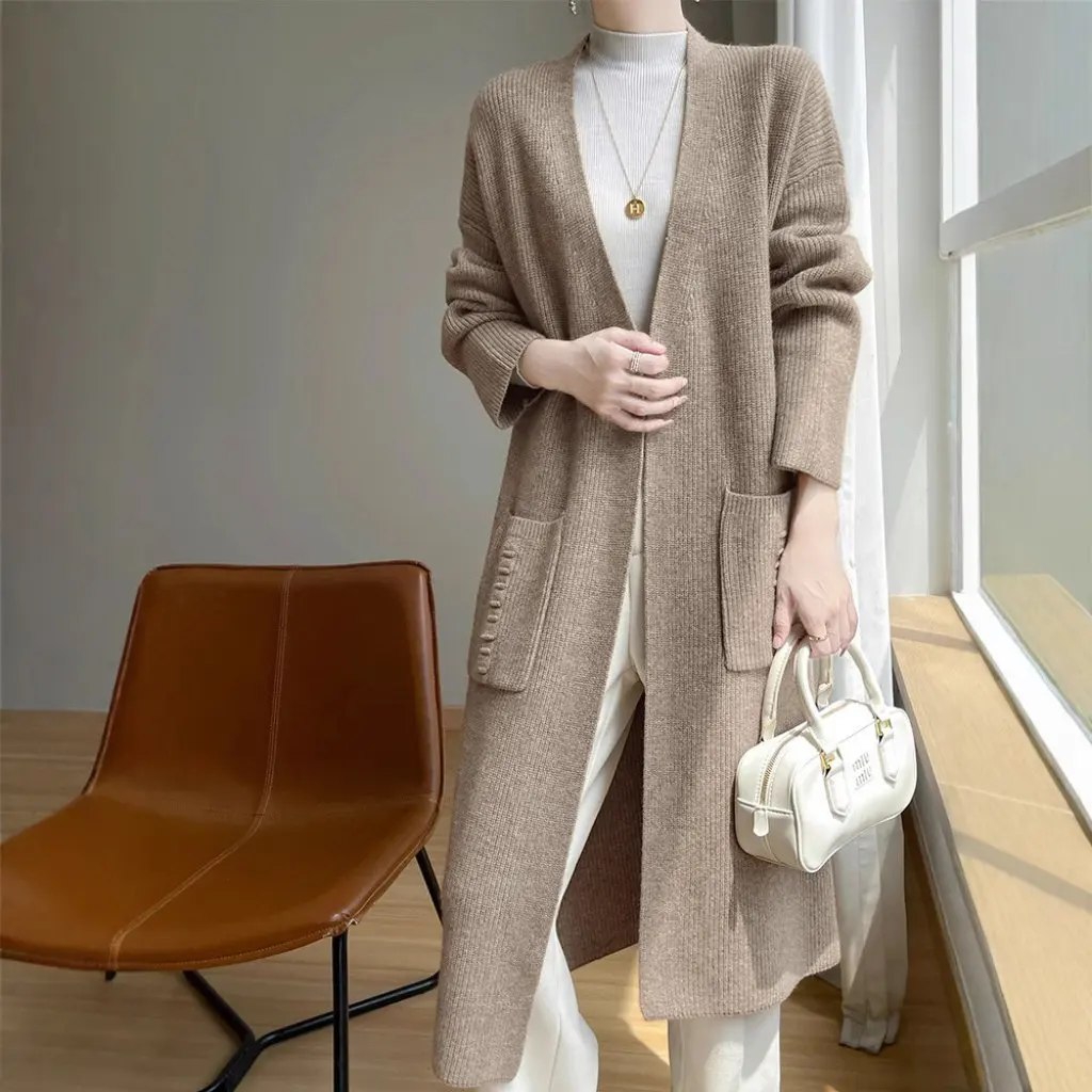 

Women's V Neck Heavyweight Wool Knitted Cardigan Long Outer Sweater Thickened Autumn Winter Lazy Style