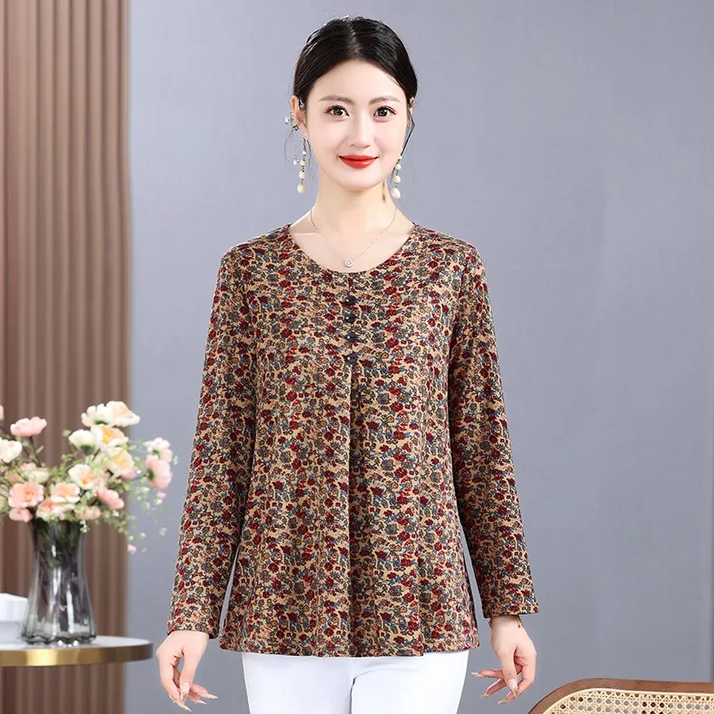 Middle-aged Mother Short sleeve T-SHIRT Spring Summer Shirts Loose O Neck Fashion Elegant Print Blouses Female Casual Tops