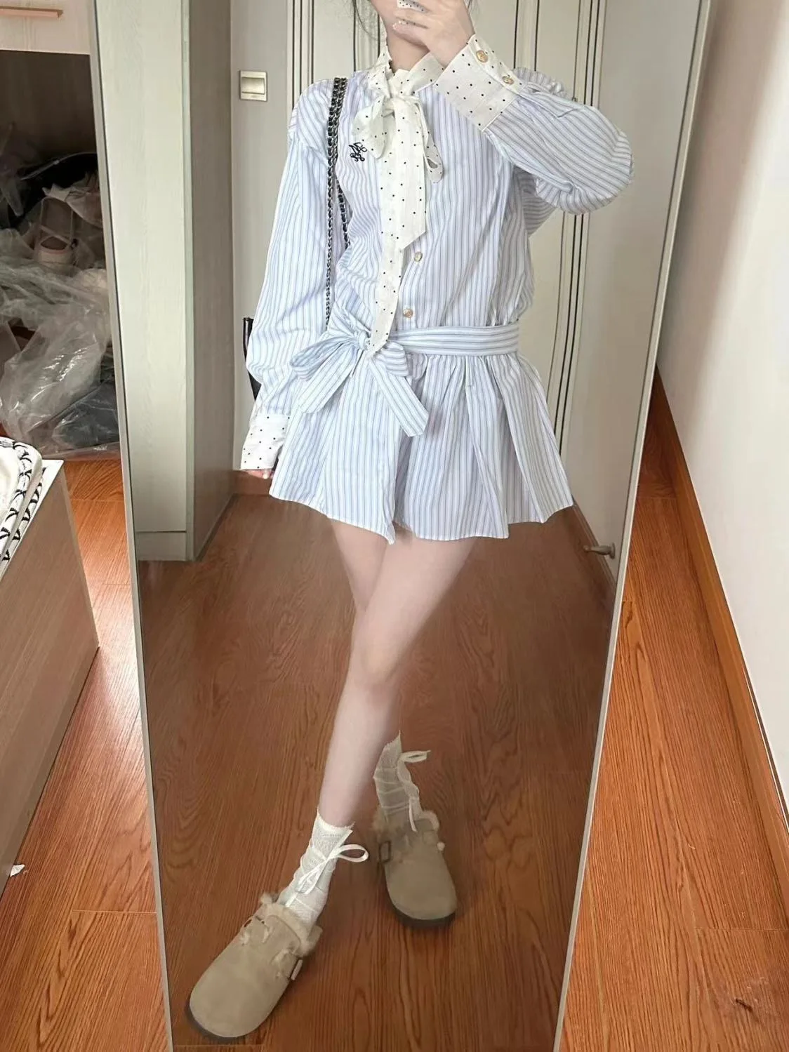 Robe chemise à rayures coréennes de luxe pour femmes, Mini robes à lacets avec nœud, manches longues, Y2K, Shoujo japonais, Style JK, 2025