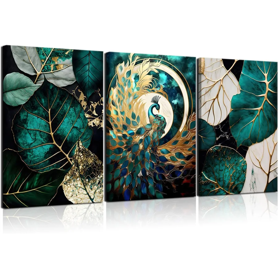

3pcs Emerald Green And Gold diamond embroidery Wall Art Modern Abstract Gorgeous Peacock diamond Paintings mosaic home Decor