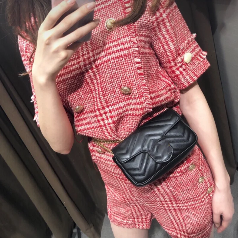 

Retro Tweed Woven Red Two-piece Suit Short Sleeve plaid Top short Women's Suit