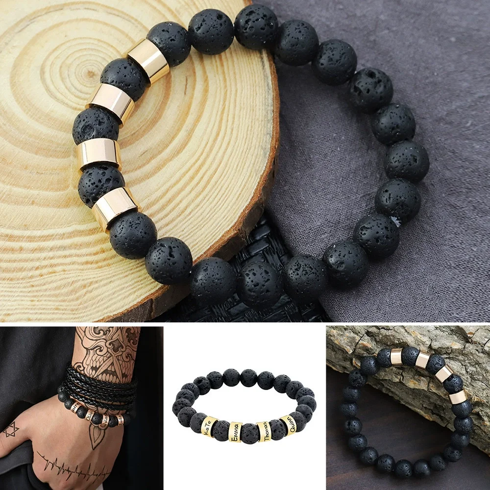 

Personalized Engraved Stone Name Bracelet Volcanic Obsidian Snowflake Tiger Eye Beads Custom Jewerely Father's Day Gift for Dad