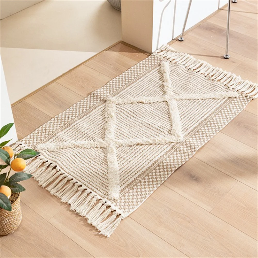 Nordic Style Cotton Carpet Retro Bohemia Floor Mat Ins Tassel Tufted Bedroom Living Room Bedside Rug Blanket Modern Simple Mats