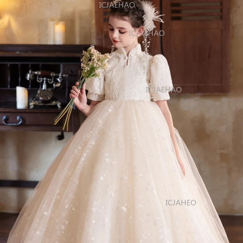 New ChildrenTulle Girls Host Piano Performance Kids Birthday Princess Gown Costume Chinese Style Vintage Evening Dress Sequin