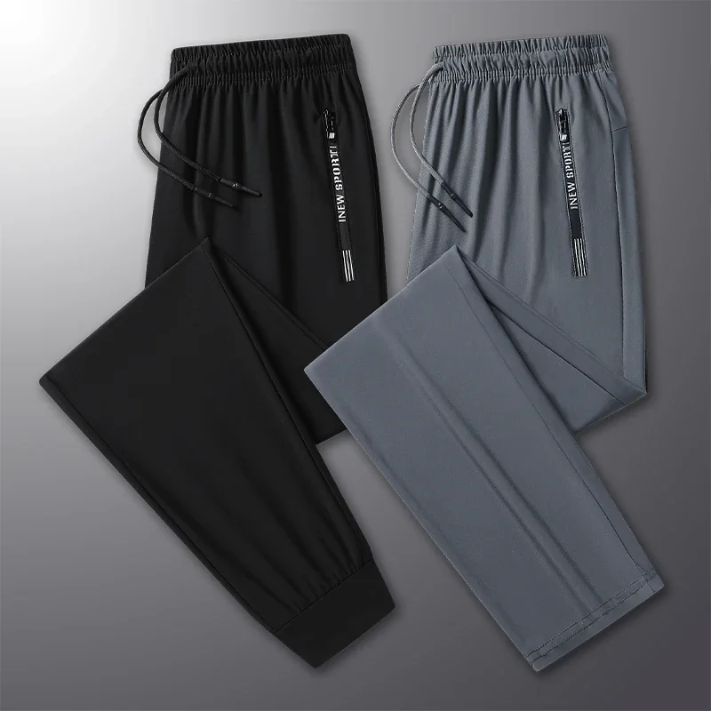 Summer New High Quality Ice Silk Pants For Men's Feet Tie Sports Elastic Quick Drying Sweat-absorbing Straight Leg Pants 2PCS image 2