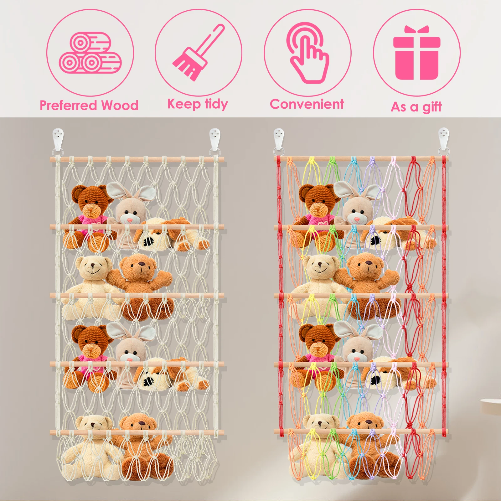 Stuffed Toy Storage Hammock 4-Layer Bohemia Woven Cotton Rope Hanging Storage Rack Organizer Mesh Holder For kid Room Decoration