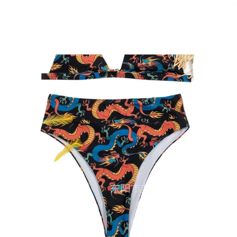 Women's Swimsuit Two-Piece Retro Multi-Color Print Triangle Push-Up Sexy One-Shoulderbiki