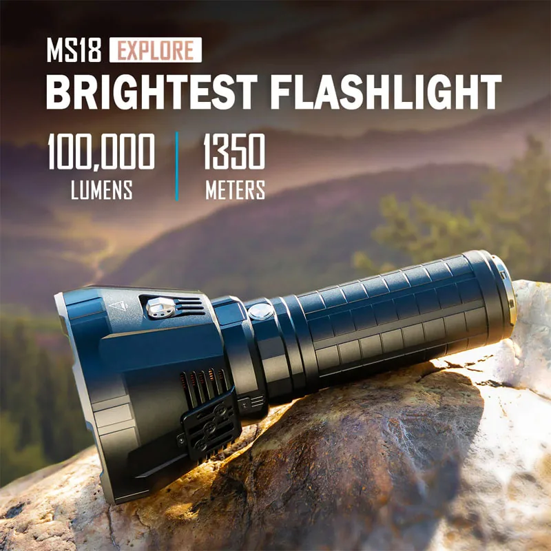 Imalent MS18 Ultra Bright Flashlight/Searchlight, 100,000 Lumens 1,350m Beam Distance, 18pcs XHP70.2 LEDs, 8x21700 Battery