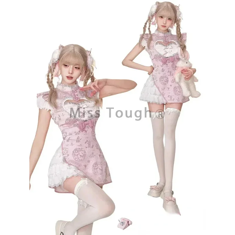 Vestido de manga corta con estampado dulce a la moda para mujer, vestidos de encaje con bonito lazo Vintage para mujer, vestido elegante de verano con volantes y retazos, nuevo