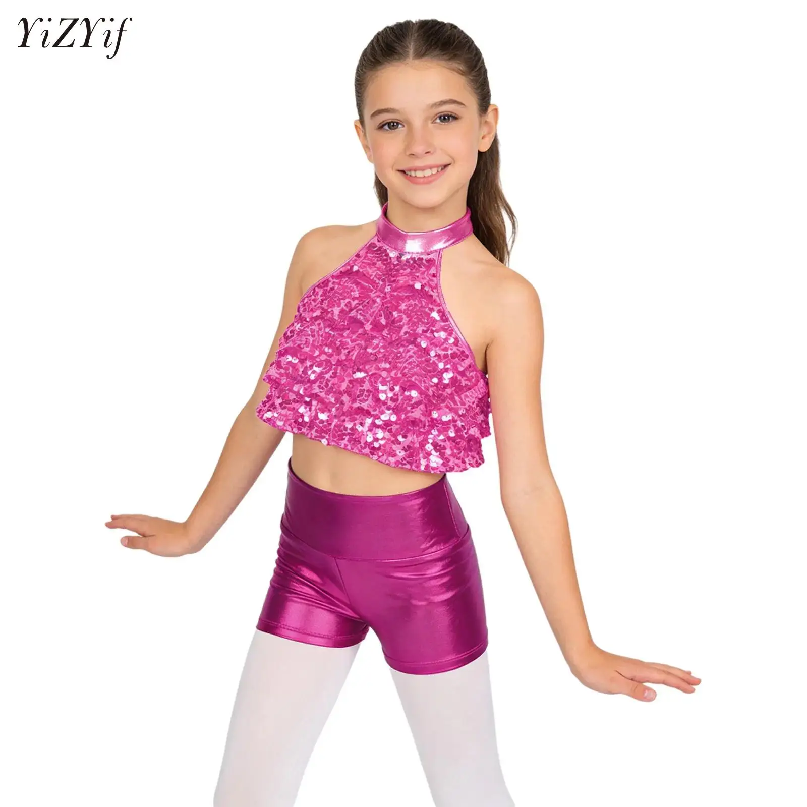 

Kids Girls Hip-Hop Dance Performance Costumes Jazz Modern Competition Shiny Tiered Sequins Crop Top with Shorts Clothes Sets