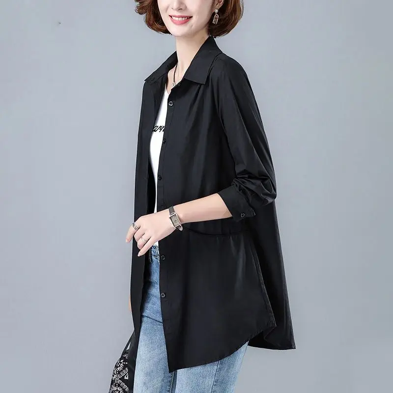 Casual Loose Pocket Patchwork Blouse Spring Autumn Long Sleeve Polo Neck Simplicity Solid Shirt Top Fashion Office Women Clothes