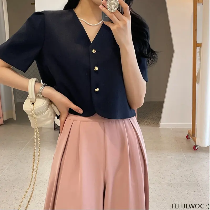 Chic Korea Short Crop Tops Blouses New Design Women Japan Girls Office Lady Button Short Sleeve White Shirts