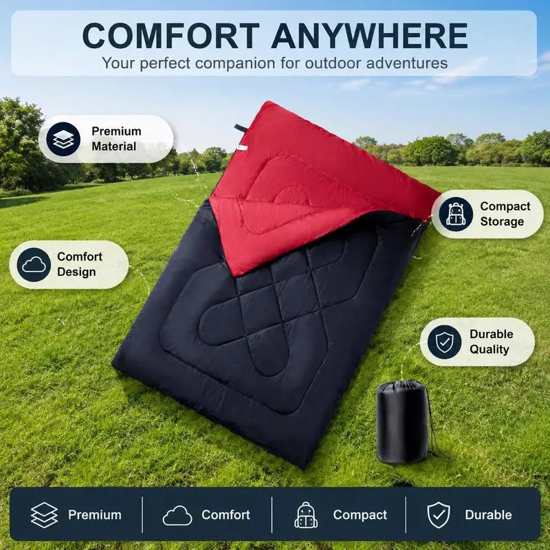 Sac de couchage double 2 en 1 avec deux oreillers, fabriqué en polyester avec rembourrage léger, fermeture éclair double réglable, capuche ajustable, design compact et pliable, idéal pour le camping, la randonnée et le matelas gonflable de camping.