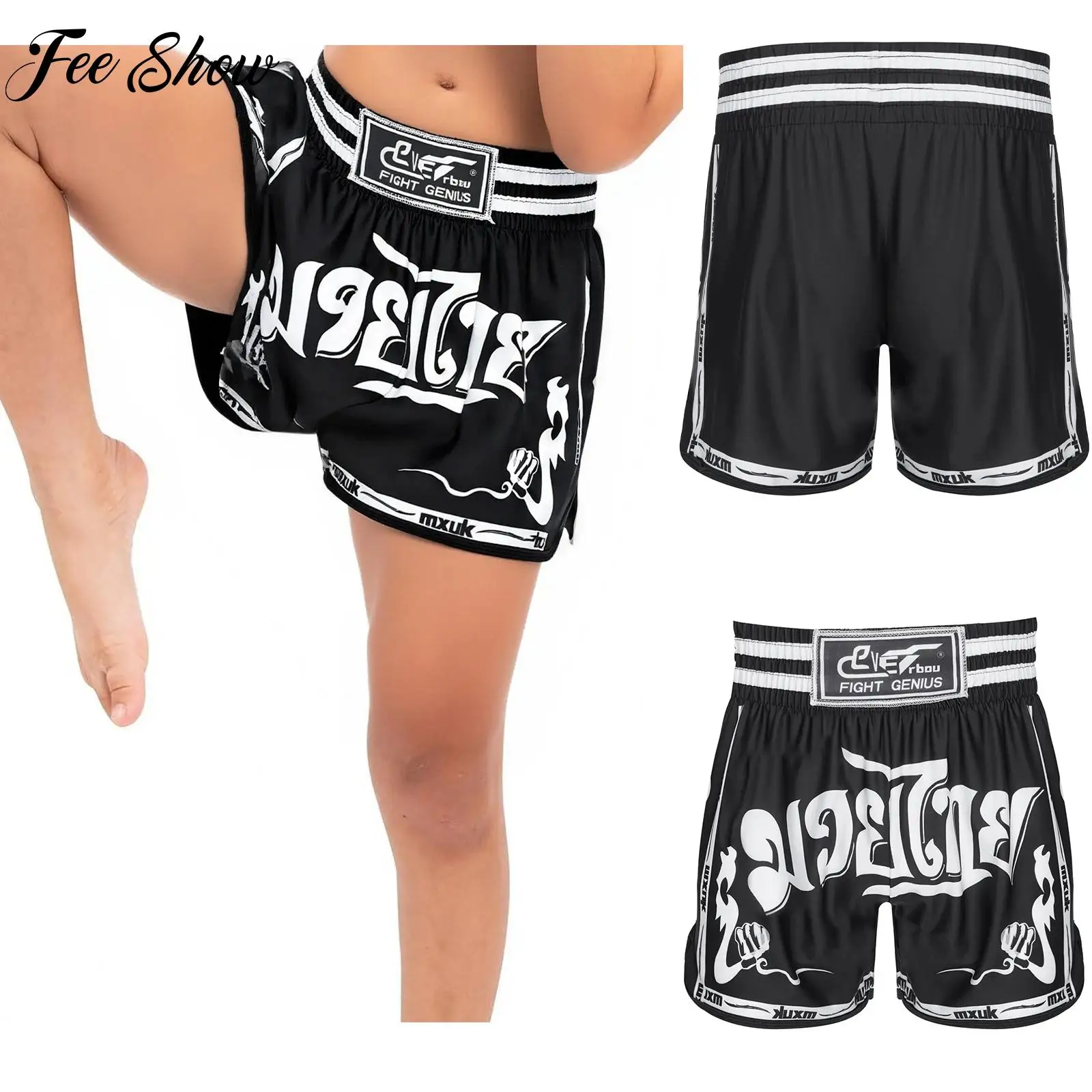 

Stylish Print Muay Thai Shorts Boys Boxing Training Costume Stretchy Sides Slit Quick-Drying Boxer Shorts for Halloween Party