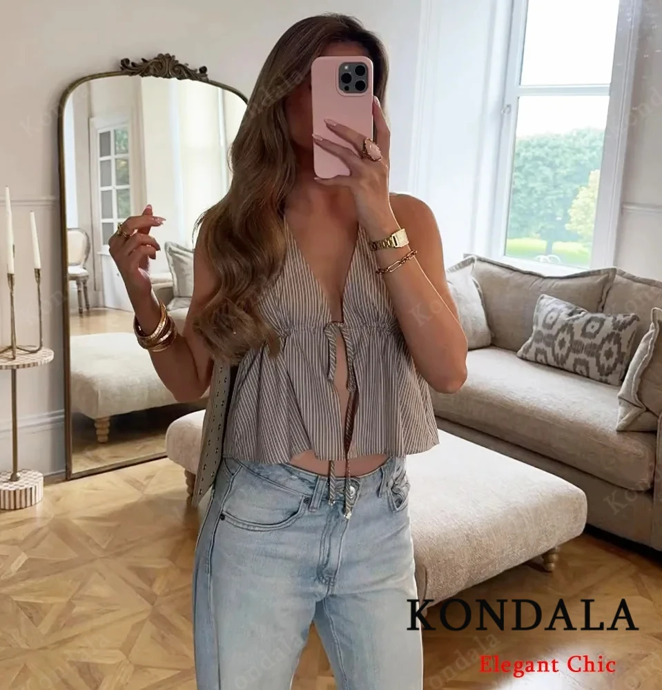 KONDALA Süße Dame, gestreift, Neckholder-Tops, Damen, Kaffee, rückenfrei, sexy, schlanke Tops, 2025, Sommermode, High Street, lässige Schnür-Tops