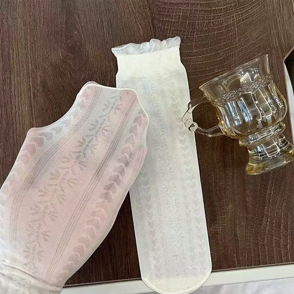 3pcs Summer Ultra-thin Socks Cute Girls Breathable Ice Silk Mesh Lace Socks Princess Ruffle Pile Socks White