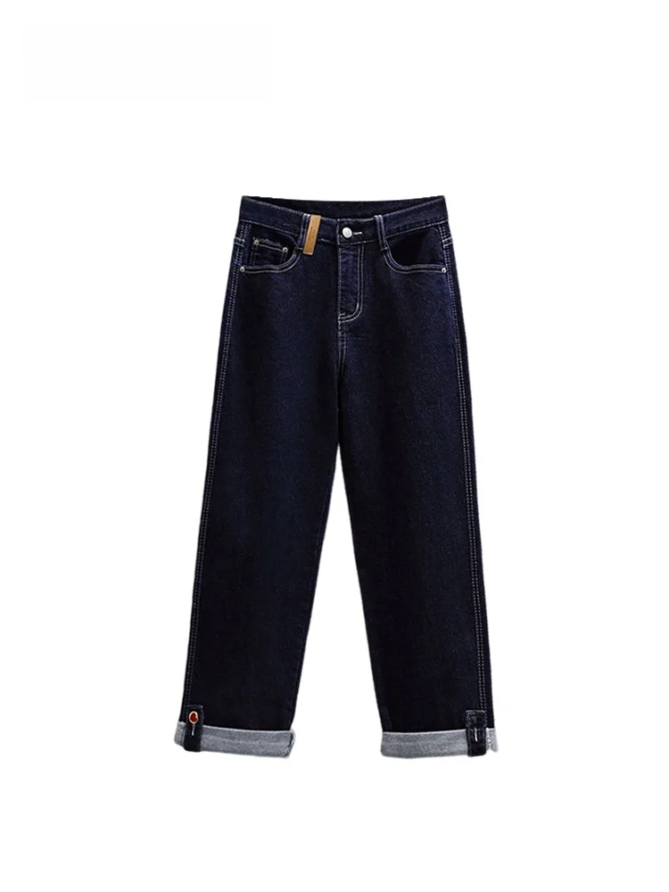 

High Waist plus Size Denim Crop Pants Women's Slimming Trousers Spring New Style Casual High Cotton Elastic Fabric Straight Leg