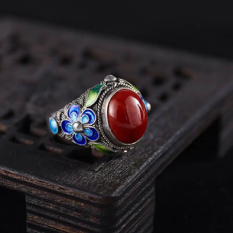 Retro Filigree Inlaid Red Ring Burnt Blue Palace Punk Gothic Open Ring For Women Handmade Unisex Designer Jewelry Accessories