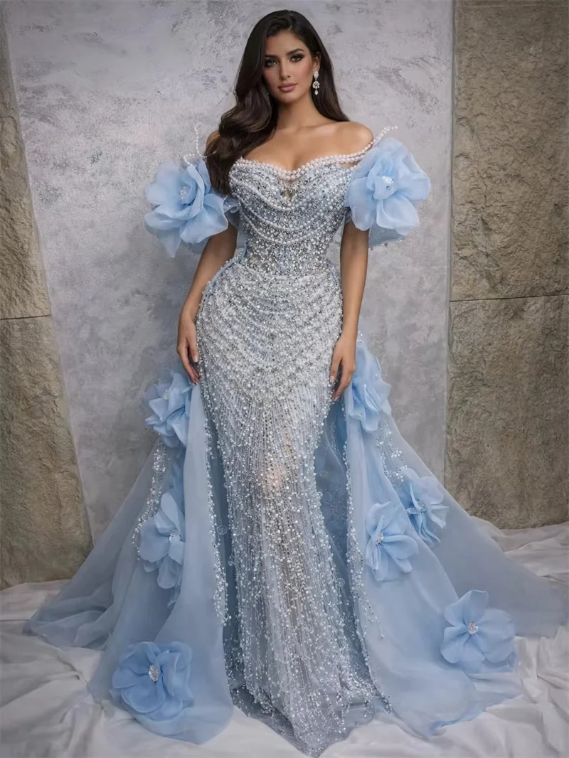Sky Blue Long Middle Eastern Evening Dresses Luxury Floral Pearls Saudi Arabia Dubai Robe De Soiree Prom Dress Gown Customized