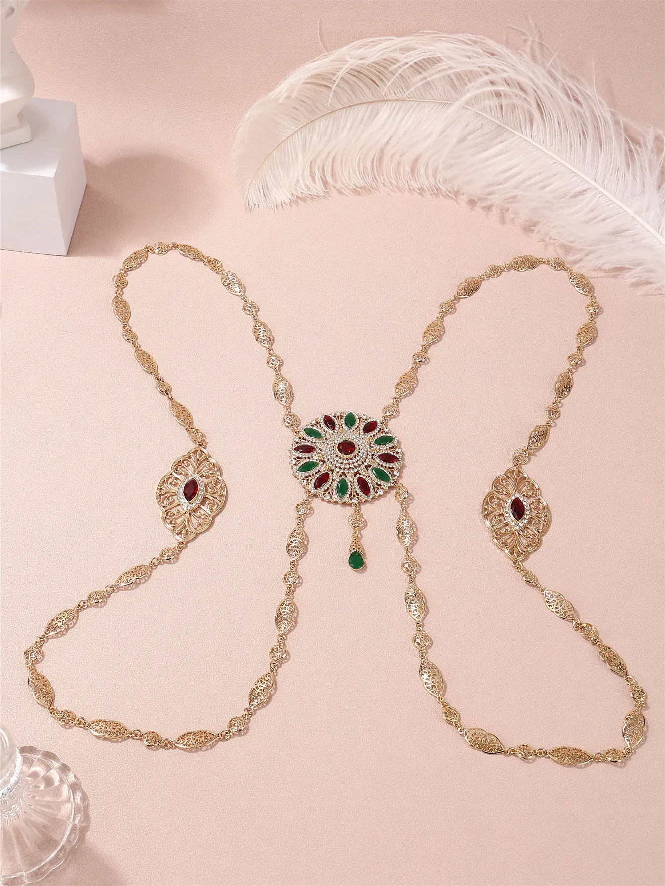 Ethnic Hollow Metal Body Chain Colorful Rhinestone Sunflower Pendant Waist Chain for Women Wedding Traditional Costume Jewelry