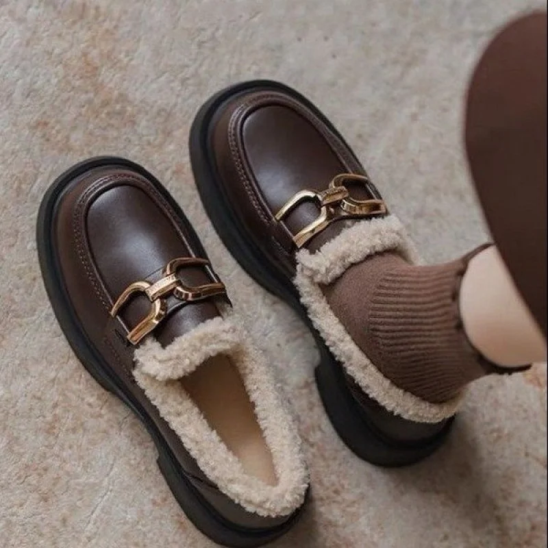 

Women's Fur Lined Loafers 2025 Chunky Platform Winter Shoes Horsebit Slip On Comfortable Flats​