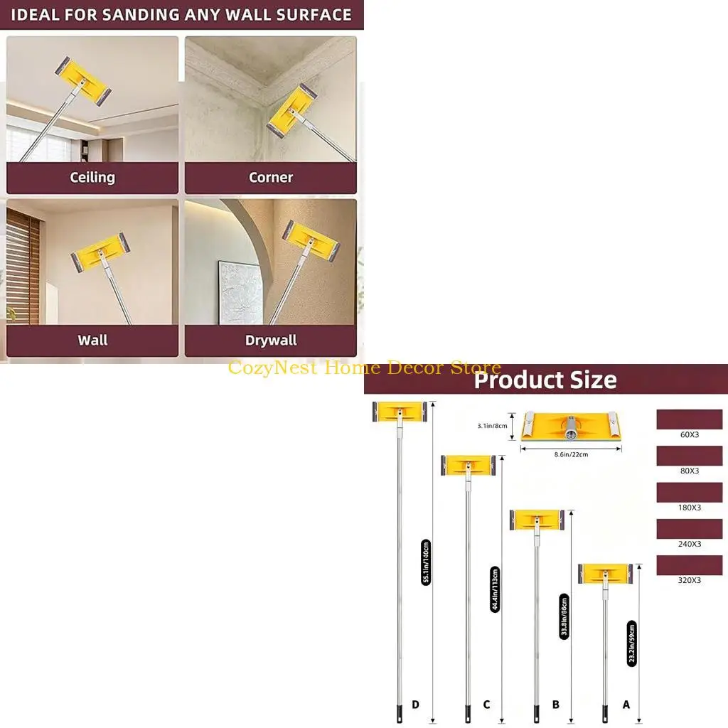 92MF Poles Sander Ceiling Wall Work Tool Manual Abrasive Sheet Base with Angles Head and Metal Frame for Indoor Coating Use