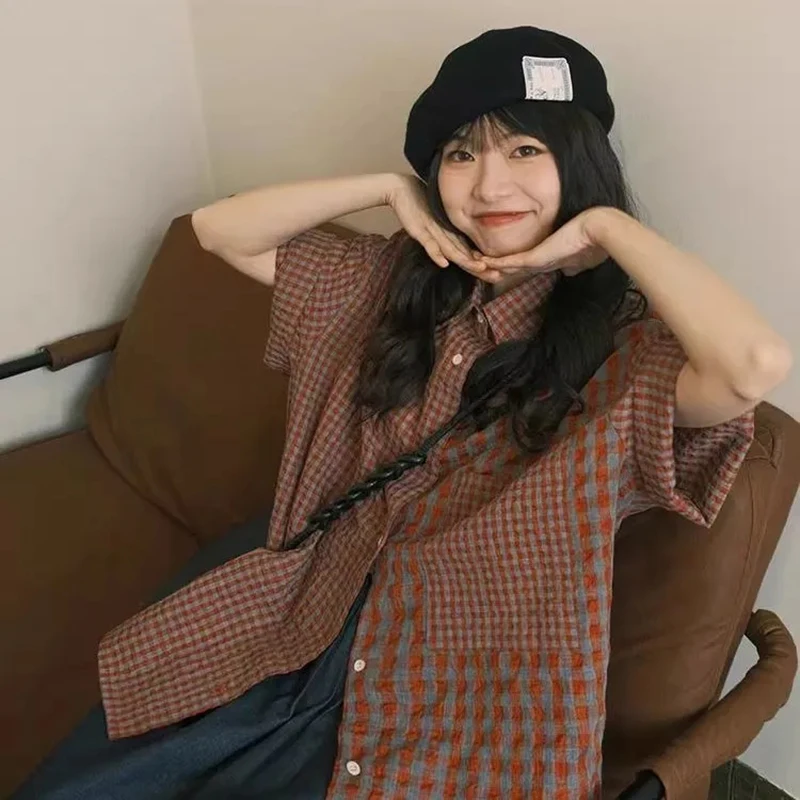 

Retro Red Plaid Shirt Women Harajuku Japan Vintage Loose Simple Blouse Summer Student Casual All Match Sweet Female New Tops