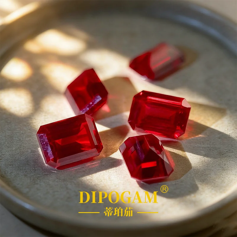 Emerald Cut Pigeon Blood Red Cultivated Ruby Loose Gemstone Factory Direct Wholesale Rectangular Ruby for Jewelry Setting