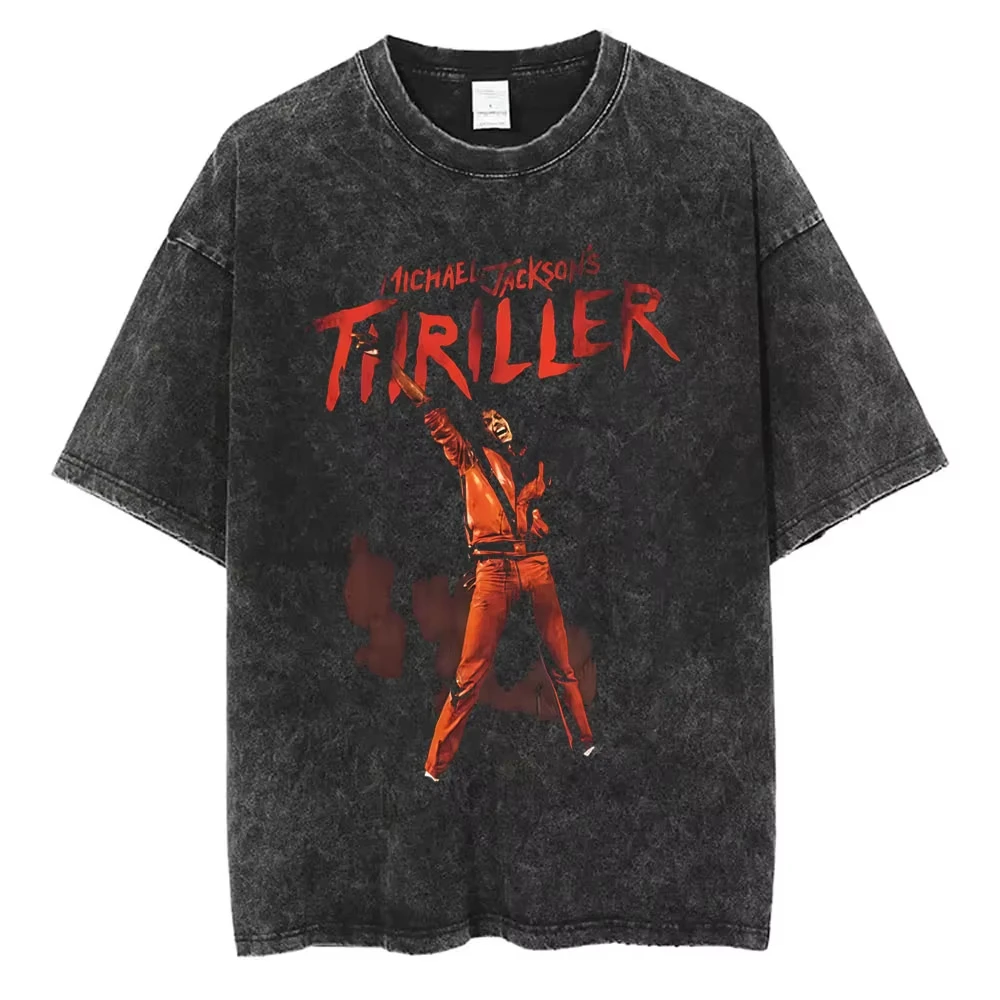 Camisetas Vintage Lavadas Michael Jackson Thriller para Homens e Mulheres, Camiseta Retro Gótica Rock, T-shirt Casual Masculina de Algodão Oversized