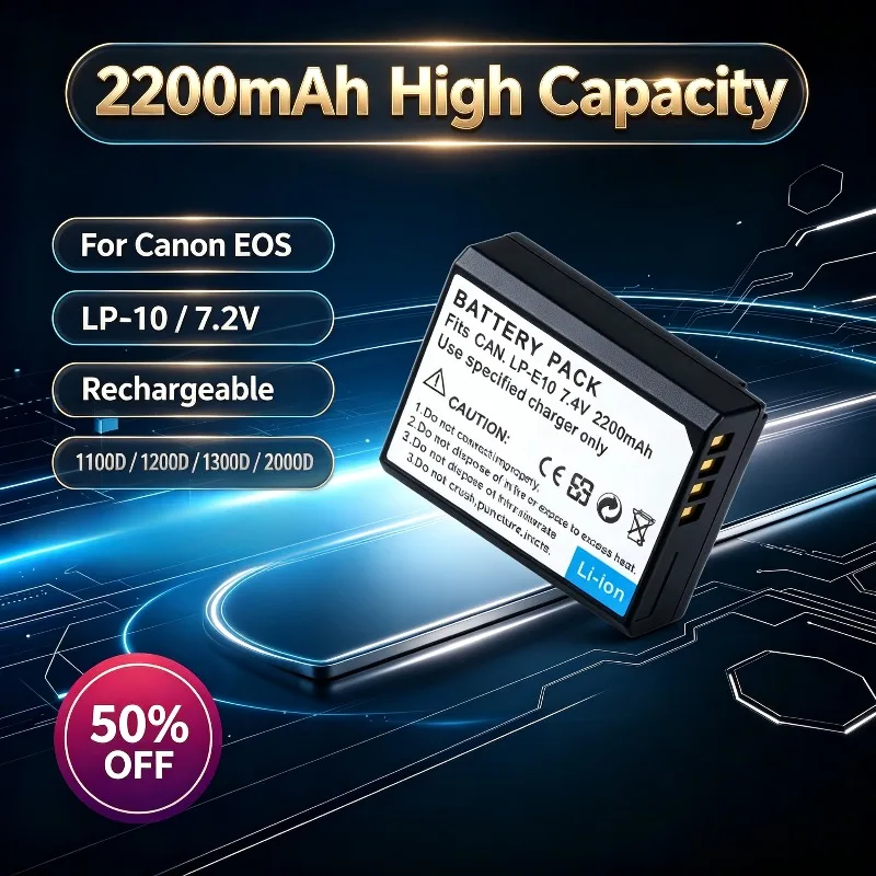2200mAh LP-E10 High Capacity Battery for Canon EOS 1100D 1200D 1300D 1500D 2000D 7.2V Replacement Li-ion