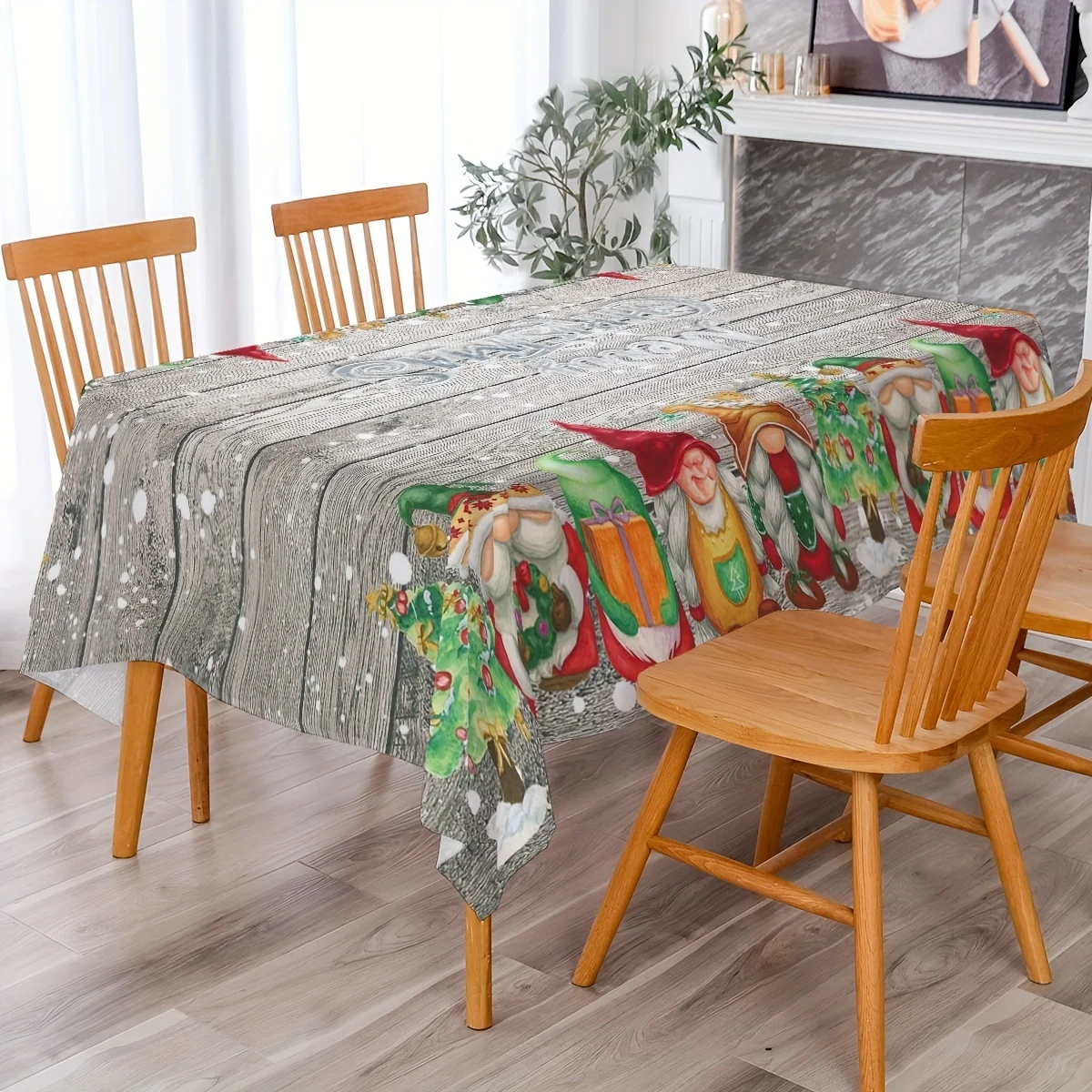 Christmas Wood Grain Gnome Snowflake Rectangle Tablecloth Table Decor Winter Waterproof Xmas Table Cover for Party Dinner Decor